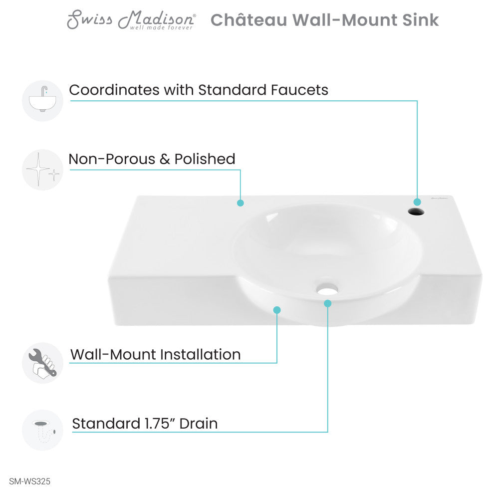 Chateau 30" Right Side Faucet Wall-Mount Bathroom Sink, Right-Side Faucet
