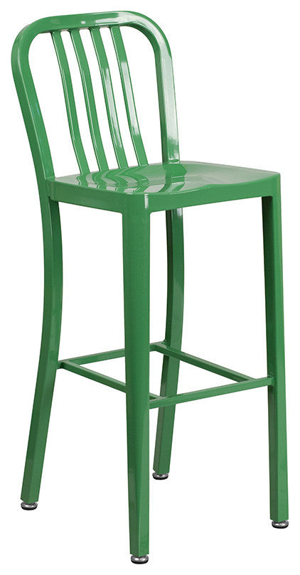Commercial Grade 30"High Green Metal Indoor-Outdoor Barstool, Vertical Slat Back