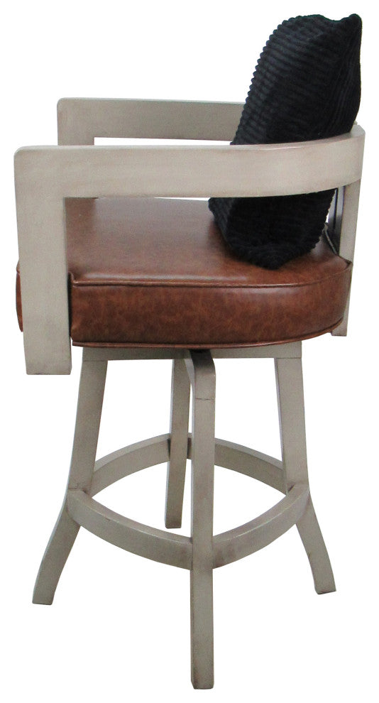 Swivel Wood Bar Stool Kadir Pillow on S-Base, Marble Brown Vinyl - Black Pillow - Beige, 34"