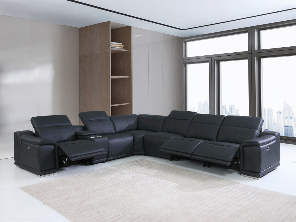 Federico 7-Piece L-Shaped Top Grain Italian Leather Sectional, Black