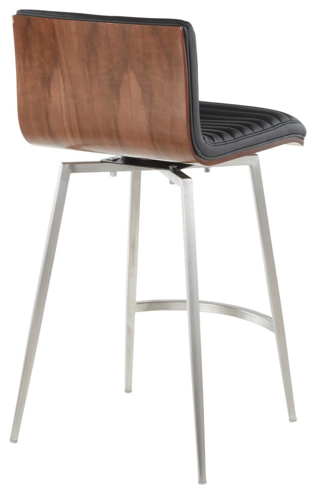 Mason Swivel Counter Stool, Set of 2, Stainless Steel/Walnut Wood/Black PU