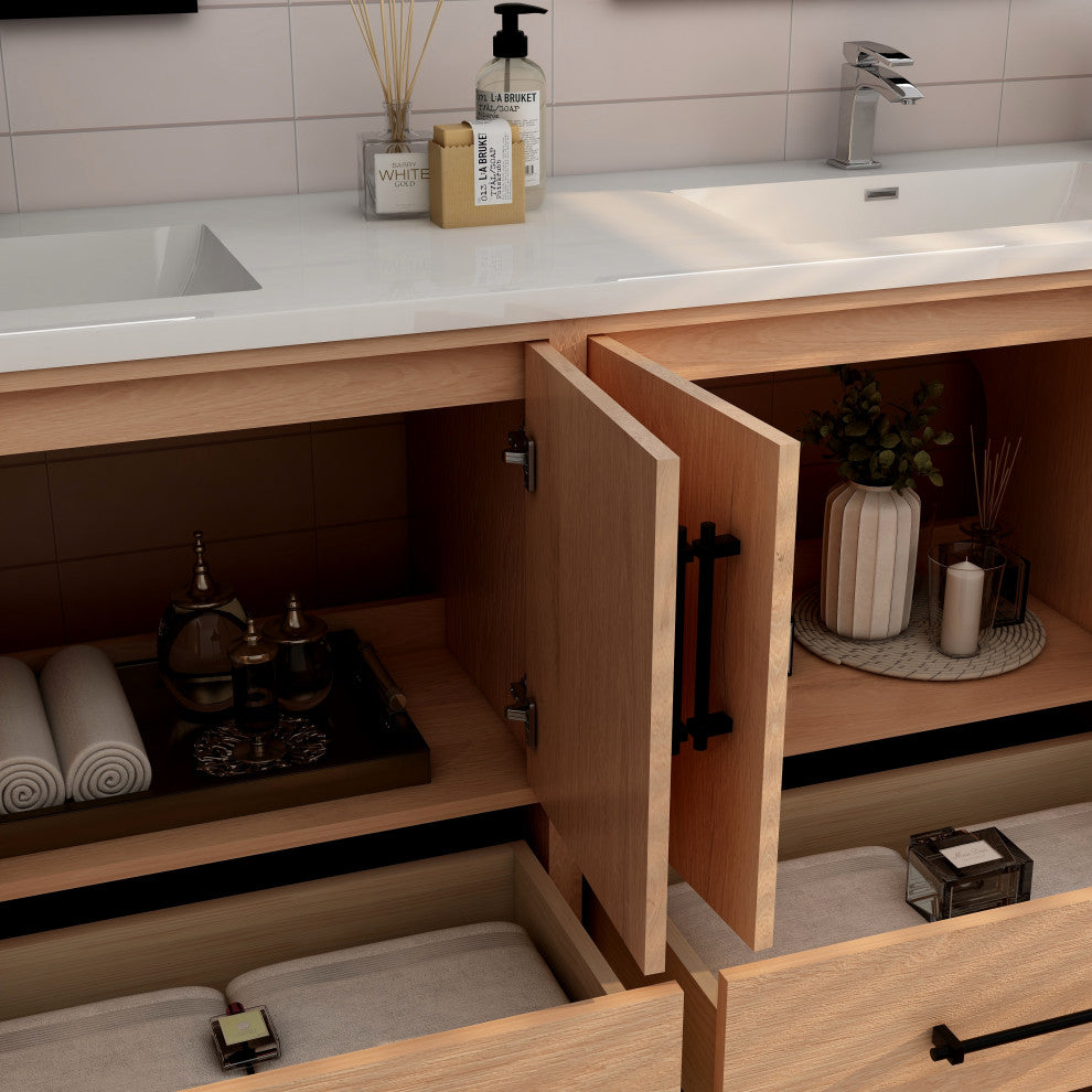 Victoria 84" Solid Wood Bath Vanity, Double Sink, Red Oak