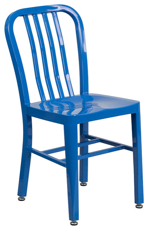 30" Round Blue Metal 3-Piece Table Set With 2 Vertical Slat Back Chairs