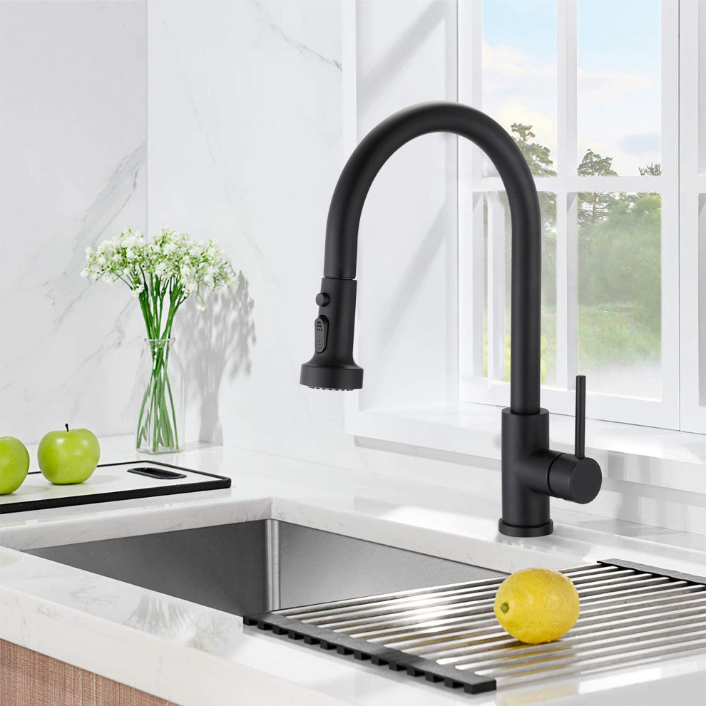 Single Handle Deck Mounted High Arc Pull Down Kitchen Faucet with Sprayer, Matte