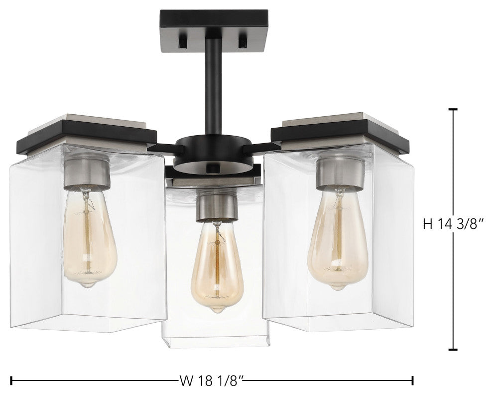 Crossroads 3-Light Semi-Flush Fixture, Matte Black With Clear Glass