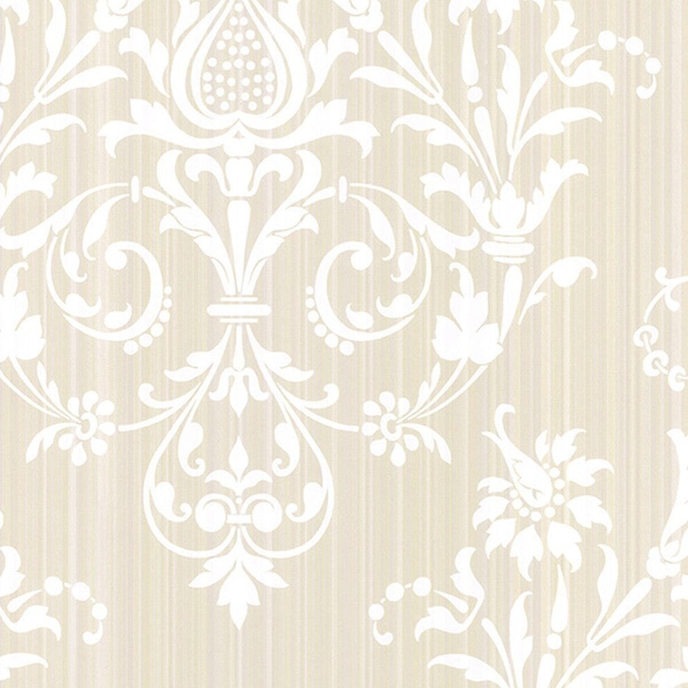 Classic Silks 2, Damask Stripes Silk Emboss White, Cream Wallpaper Sample
