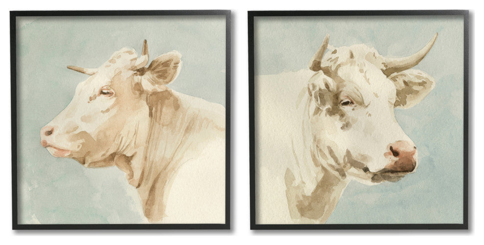 Vintage Farm Cattle Cows Watercolor Portrait Beige Blue,12 x 12