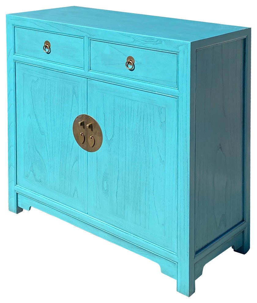 Chinese Simple Narrow Pastel Blue 2 Drawers Side Table Cabinet Hcs7428
