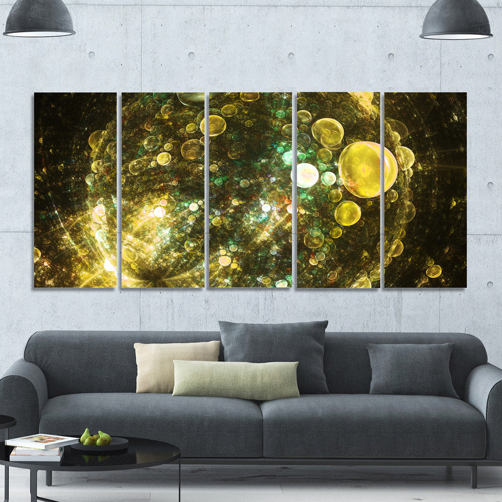 Yellow Spherical Planet Bubbles, Abstract Canvas Art Print, 60"x28", 5 Panels