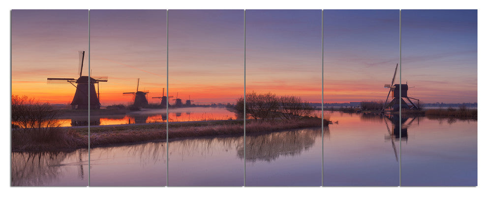 Dutch Windmills Panorama, Abstract Canvas Art Print, 70"x28", 6 Panels