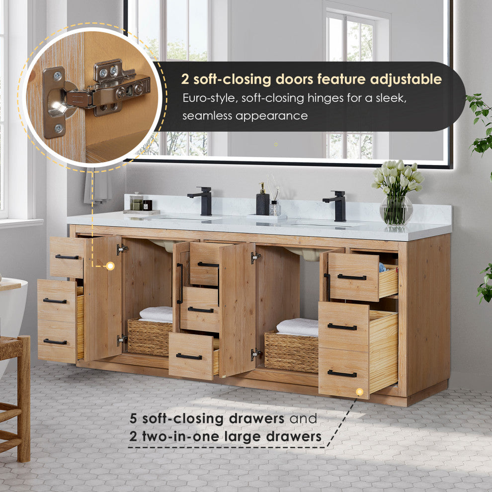 Anais Vanity Grain White Engineered Stone Countertop, Light Brown, 84", With Mirror
