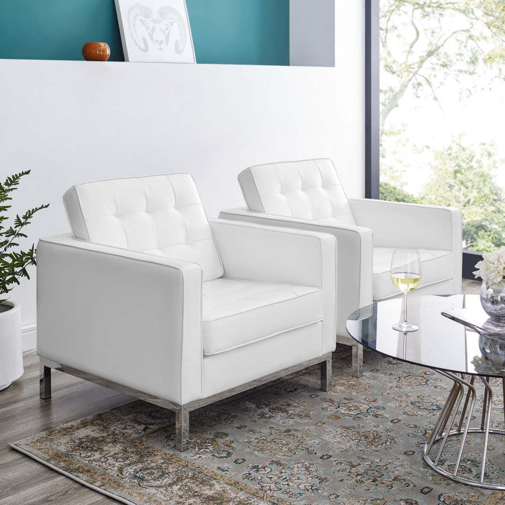 Tufted Armchair Accent Chair, Set of 2, Faux Leather, Silver White, Modern