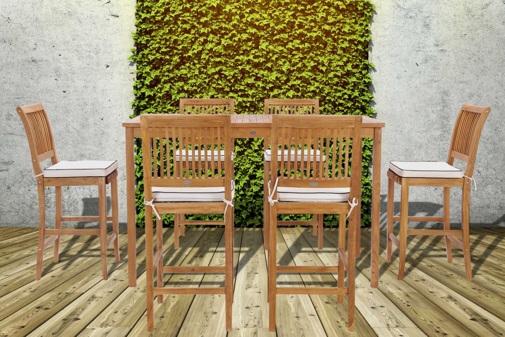 7 Piece Teak Wood Castle 71" Rectangular Patio Bistro Bar Set with 6 Barstools