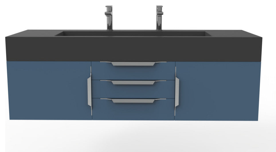 CastelloUSA Nile 60" Wall Mounted Vanity Set, Blue, Black Top, Chrome Handles