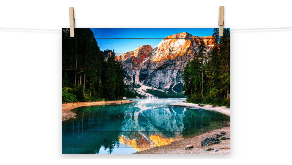 Faux Wood Misty Lake and Snow-cap Mountain Reflections Unframed Wall Art Prints, 12" X 16"