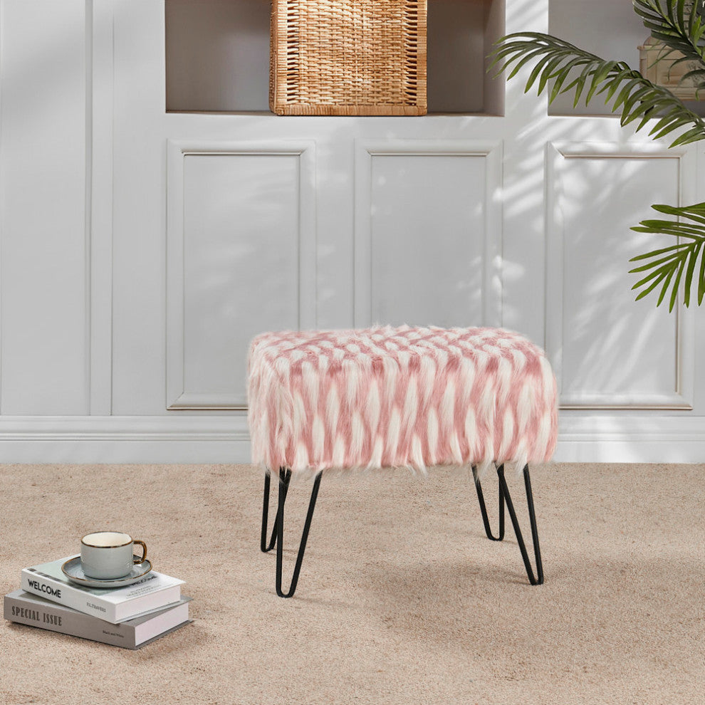 Feathery Faux Fur Ottoman, Pink, 19''x13''x17''