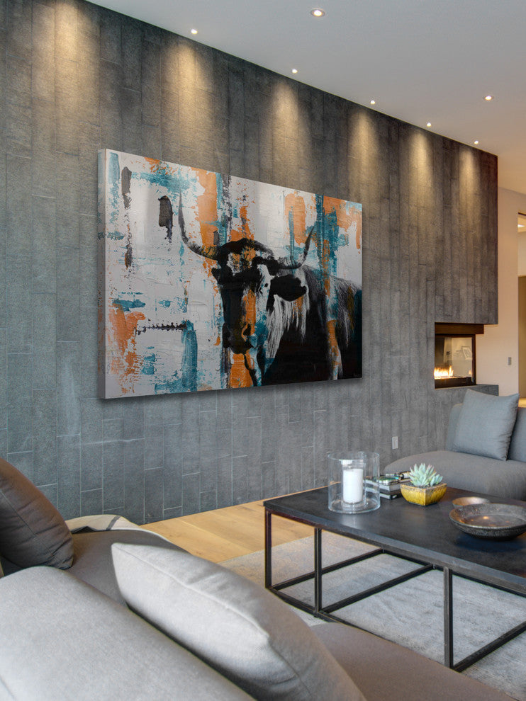 "Orange Teal Steer" Painting Print on Wrapped Canvas, 24"x16"