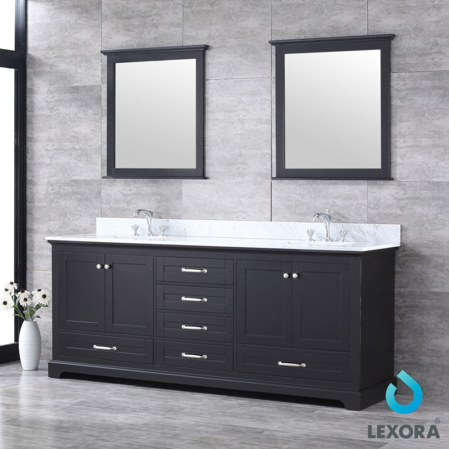 Dukes 80" Espresso Double Vanity Carrara Marble Top Sinks, 30" Wall Mirrors
