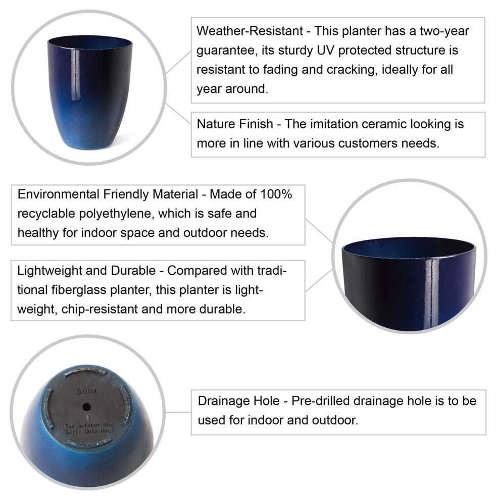 Set of 2 Oversized Eco-Friendly PE Faux Ceramic Planter, Cobalt Blue
