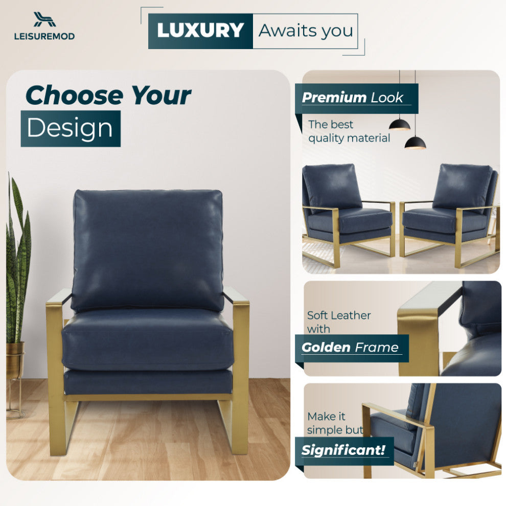 LeisureMod Jefferson Faux Leather Accent Armchair With Gold Frame, Navy Blue