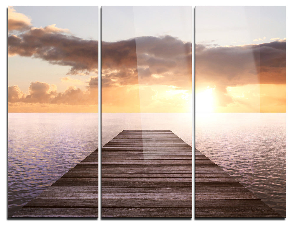 "Yellow Sea and Brown Pier" Photo Metal Wall Art, 3 Panels, 36"x28"