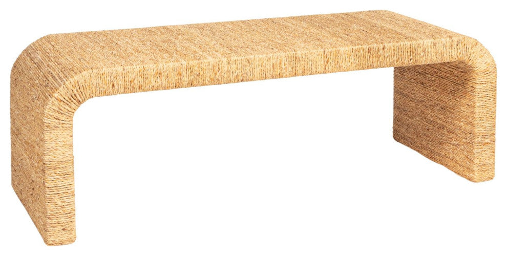 Woven Water Hyacinth and Acacia Wood Bench With Waterfall Edge, Natural