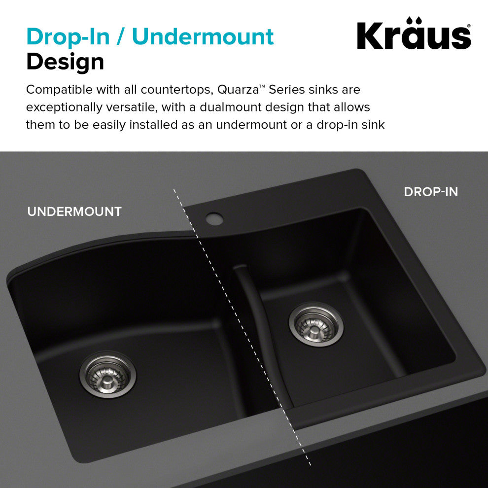 Kraus KGD-442 Quarza 33" Dual Installation Double Basin Composite - Grey