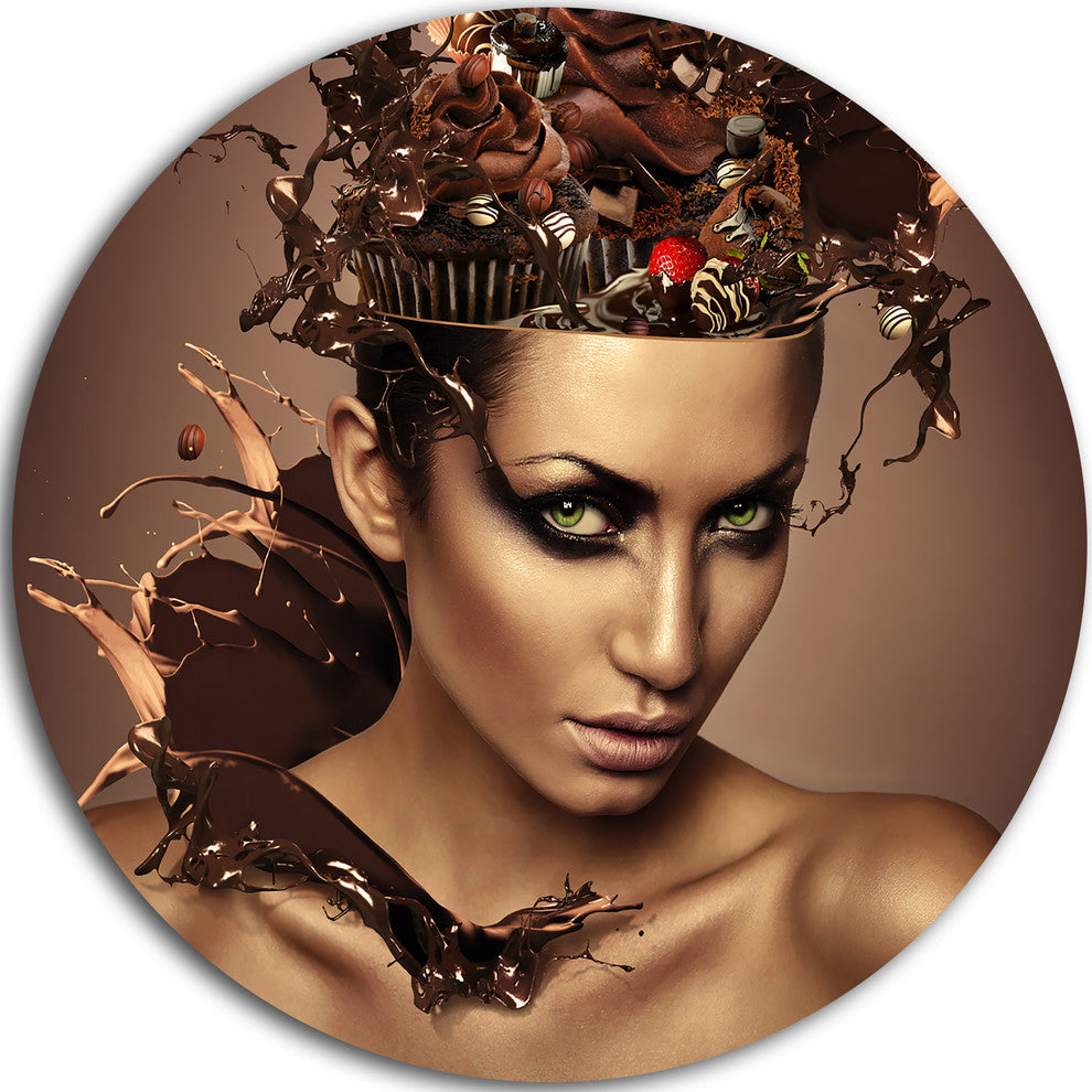 Woman With Chocolate In Head, Portrait Round Metal Wall Art, 38"