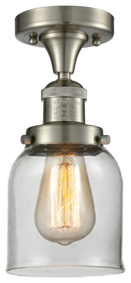 1-Light Small Bell 5" Flush Mount, Brushed Satin Nickel, Glass: Clear