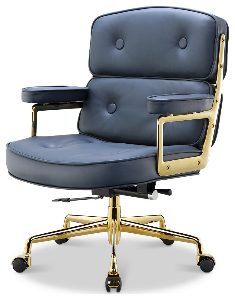 Lobby Mid Back Computer Office Desk Chair, Gold  Chrome&navy Blue