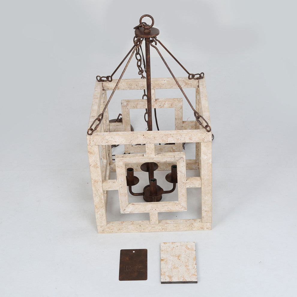 LNC Farmhouse 4-Light Bronze/Off-White Sqaure Wood Chandelier