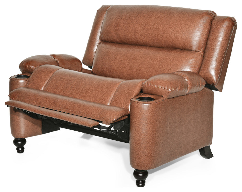 Upham Faux Leather Oversized Pushback Recliner, Cognac Brown/Espresso