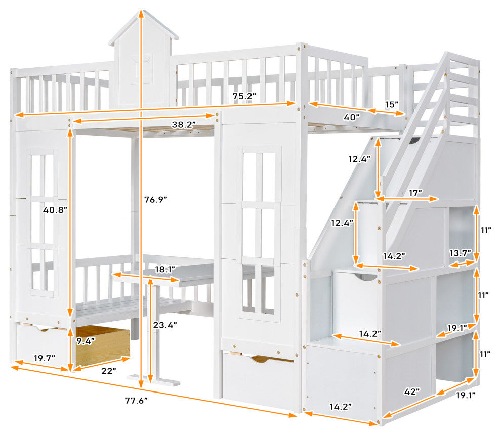 Gewnee Wood Twin-Over-Twin Bunk Bed with Table and Drawers in White