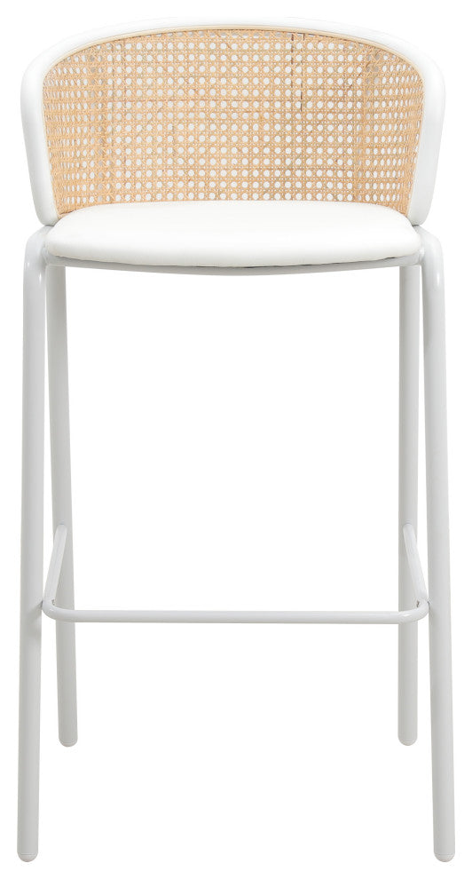 LeisureMod Ervilla Wicker Bar Stool With White Powder Coated Steel Frame, White