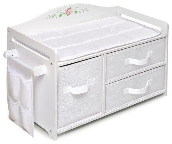 Doll Care Station With Three Baskets and Pocket Organizer, White Rose