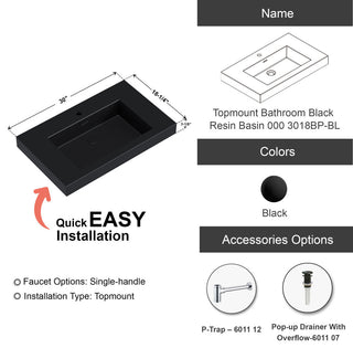 Dowell 18" FTB Resin Bathroom Vanity Basin, Black, 30wx18dx6h