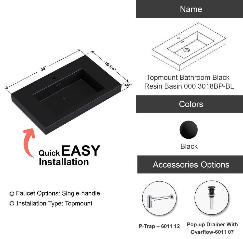 Dowell 18" FTB Resin Bathroom Vanity Basin, Black, 30wx18dx6h