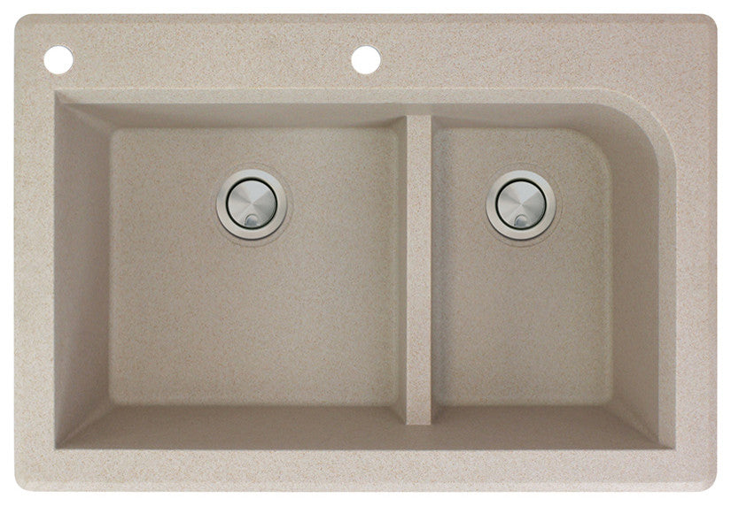 Radius 33" silQ Granite Double Bowl Kitchen Sink with 2 Holes in Cafe Latte