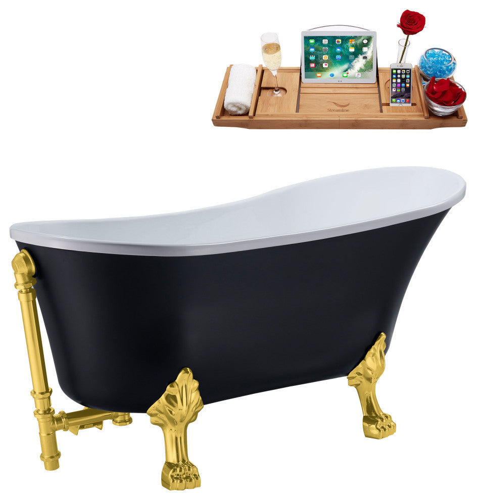 63" Streamline N353GLD-GLD Soaking Clawfoot Tub and Tray With External Drain