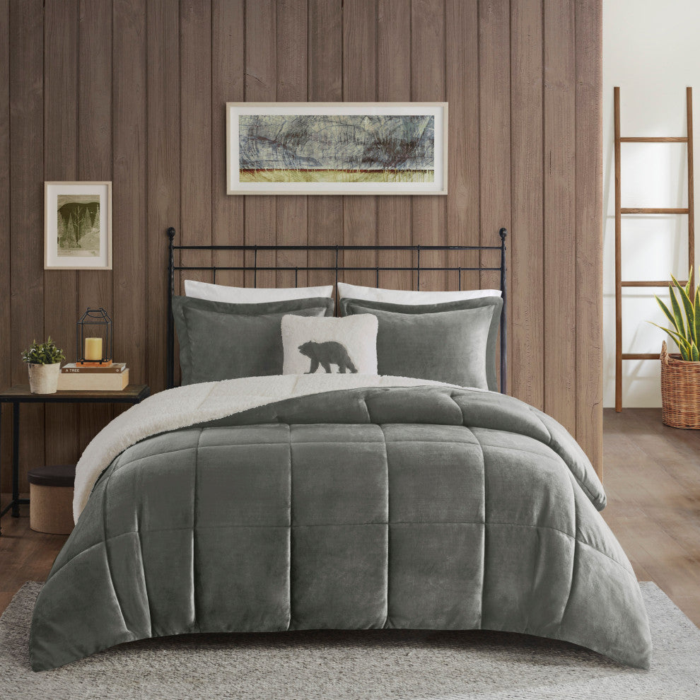 Woolrich Alton Plush to Sherpa Winter Comforter Set, Grey, King