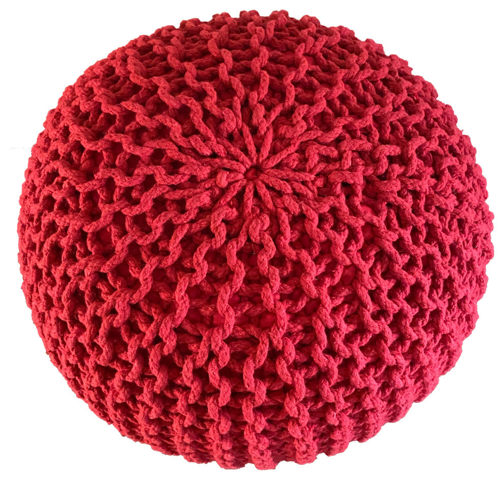 Handmade Premium Cotton Round Knitted Cable Style Pouf, Red