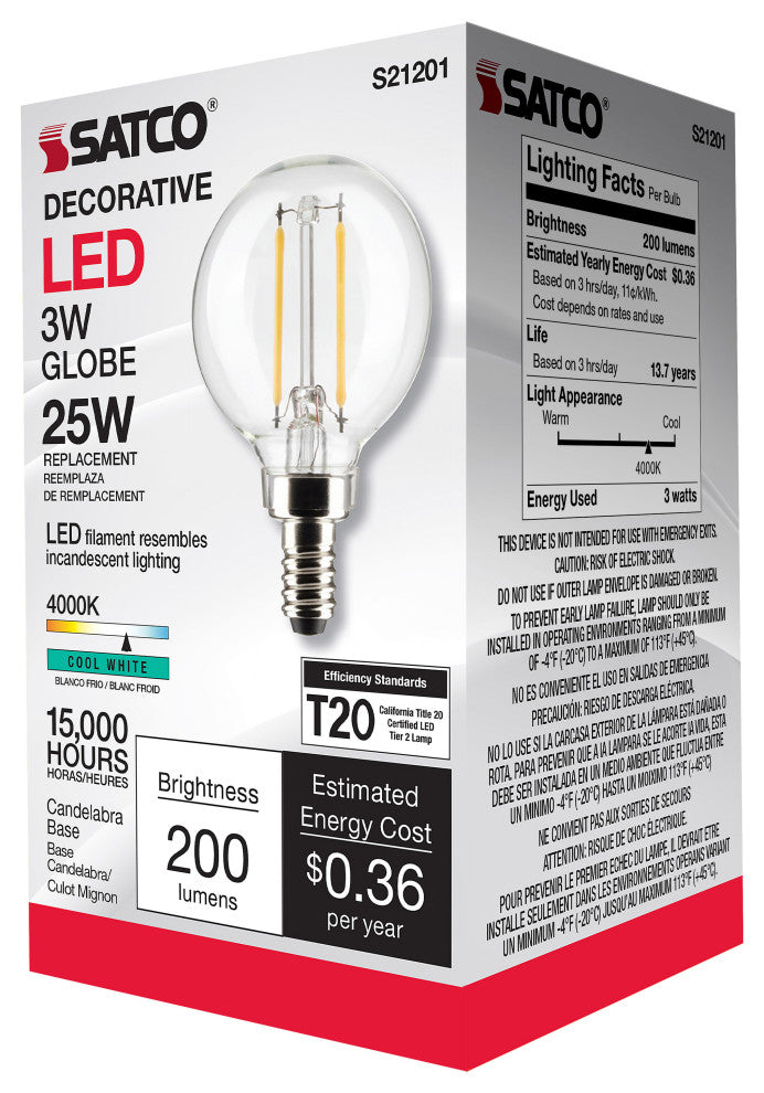 3W G16.5 LED, Clear, Candelabra Base, 90 CRI, 4000K, 120V