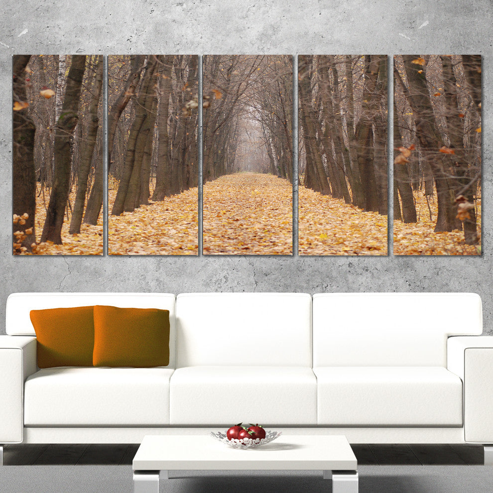 Yellow Road through Fall Forest, Modern Forest Canvas Art, 60"x28", 5 Panels