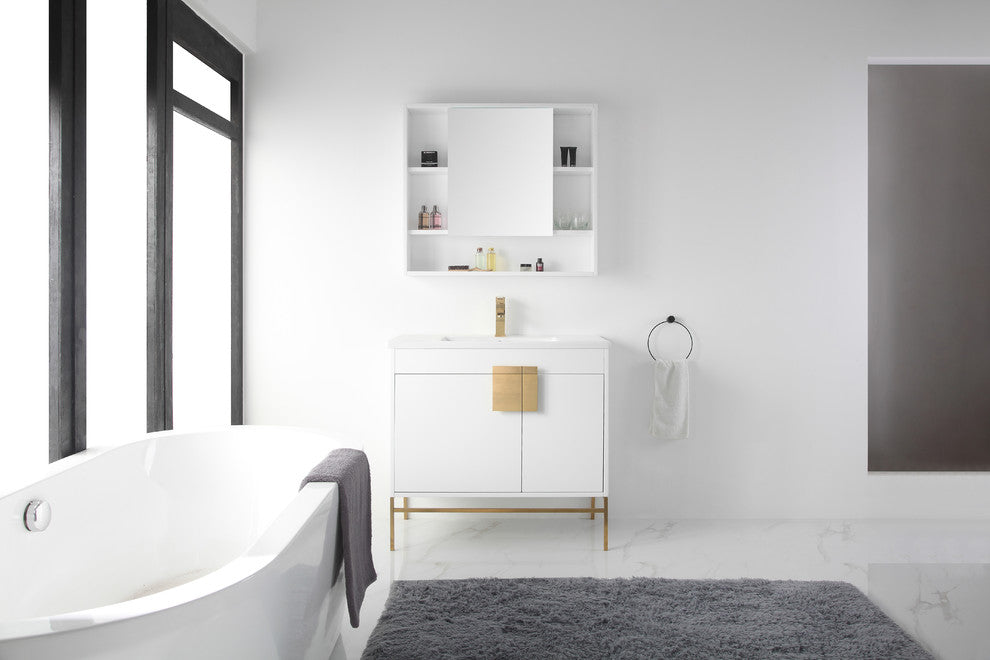 Modern White Bathroom Vanity Set, Satin Brass Hardware, Vireous China Sink Top