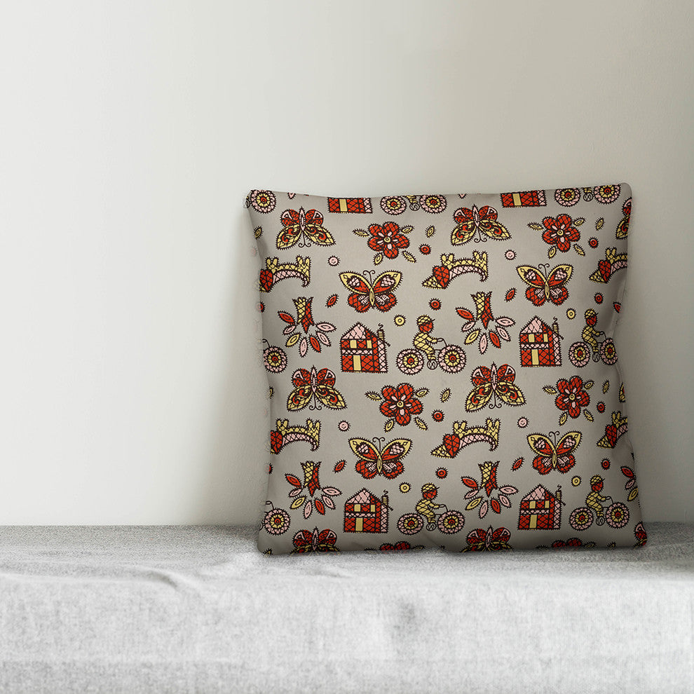 Kids Whimsical Folk Pattern, Red Throw Pillow, 20"x20"