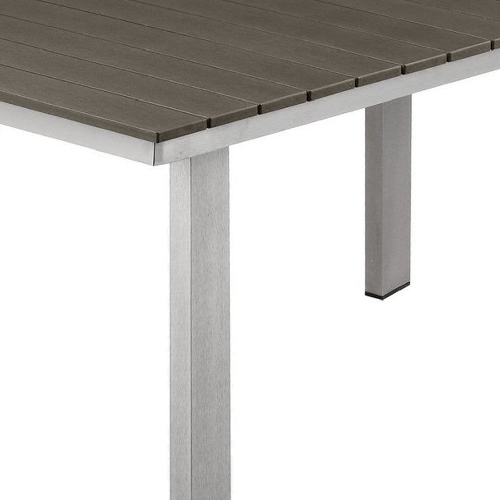 Benzara BM287730 Outdoor Table, Polyresin Plank Top, Smooth Gray Aluminum Frame