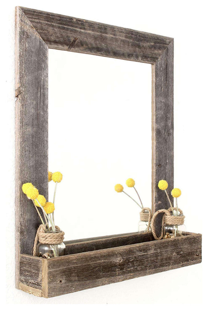 HomeRoots Rustic Weathered Gray Reclaimed Wood Plank Mirror With Shelf