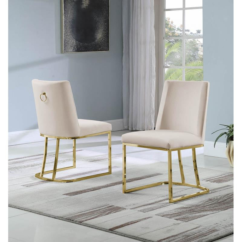 Double Minimalistic Cream Velvet Side Chairs with Gold Chrome Legs