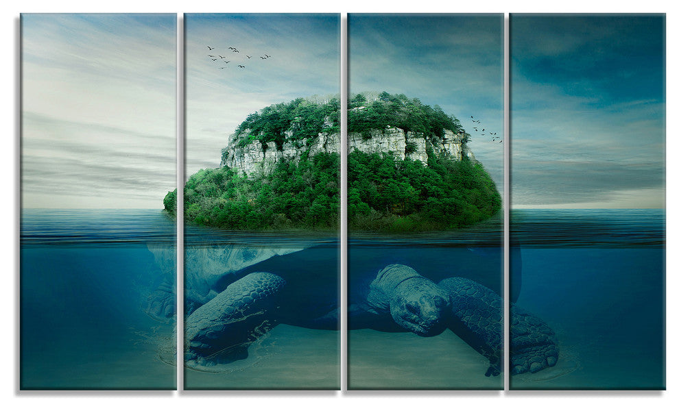 Giant Turtle Carrying Island, Oversized Abstract Canvas Art, 48"x28", 4 Panels