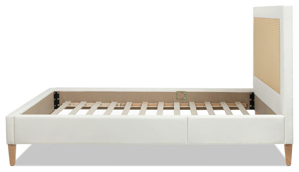 Haley Upholstered Cane-Back Platform Bed, Snow White Polyester, Queen